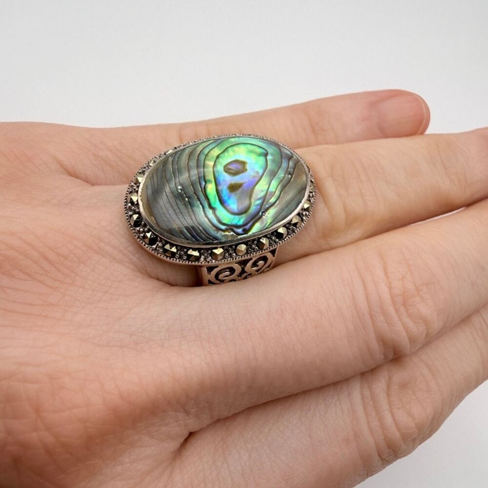 CFJ 925 Sterling Silver Abalone Ring Shell Filigree Marcasite Chunky Size 5 1/2